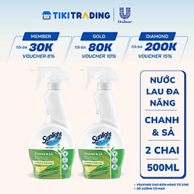 Combo 2 Chai Nước Lau Đa Năng Sunlight Chanh & Sả Phiên Bản Nâng Cấp Từ Cif Sạch Bóng Kin Kít, Không Nhờn Rít Chai 500ML