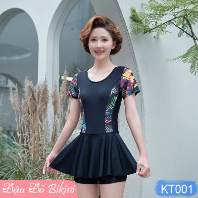 Bộ bơi nữ trung niên một mảnh quần đùi liền chân váy thời trang cho mẹ và bà, dấu bụng thon gọn kín đáo, chất bơi dày đẹp mịn mát co giãn cao, có size lớn | KT001