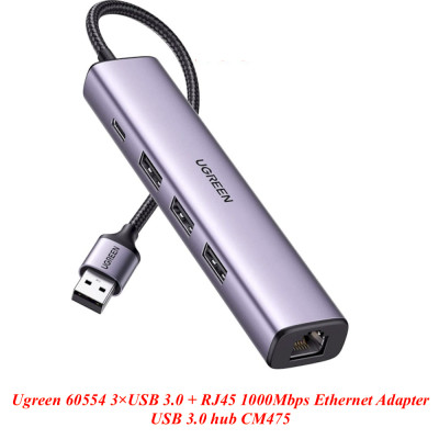 Ugreen UG60554CM475TK 3*USB 3.0 + RJ45 Gigiatbit 20CM Màu Xám Bộ chuyển USB 3.0 5 in 1 sang 3 cổng USB + RJ45 Giagabit + sạc 5v USB-C - HÀNG CHÍNH HÃNG