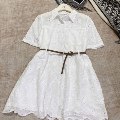 váy sơ mi dáng suông - Váy ren hoa cổ sơ mi kèm đai