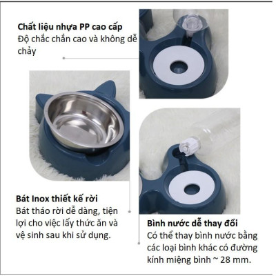 Bát ăn đôi hình tai mèo lõi inox kèm bình nước tự động cho chó mèo
