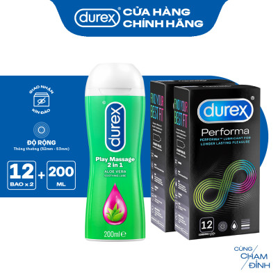 Bộ 2 hộp bao cao su Durex Performa kéo dài thời gian (size 52mm, 12 bao/hộp) và 1 chai gel bôi trơn Durex Massage 2n1 200ml