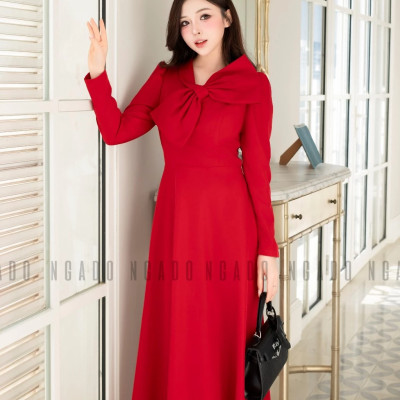Đầm đỏ cổ phối nơ NGADO , đầm dự tiệc dáng dài