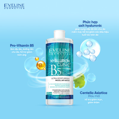 [Giá Chỉ 179k] Nước tẩy trang Eveline Hyaluron Clinic B5 và tinh chất rau má hỗ trợ làm dịu, dưỡng ẩm da 500ml