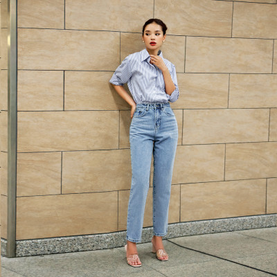 Quần Mom Jeans Lưng Cao Màu Classic Blue Aaa Jeans