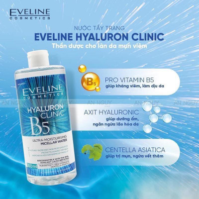 [Giá Chỉ 179k] Nước tẩy trang Eveline Hyaluron Clinic B5 và tinh chất rau má hỗ trợ làm dịu, dưỡng ẩm da 500ml
