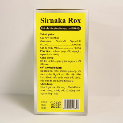 Sirnaka Rox lợi tiểu, giảm nguy cơ sỏi thận, sỏi tiết niệu - Hộp 10 gói thành phần Cao Kim tiền thảo, Cao đặc Râu mèo