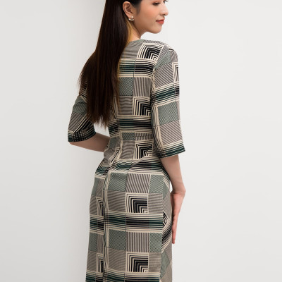 Đầm Công Sở Tay Lở, Đắp Chéo Họa Tiết Ô Vuông Maxivic, La Mộc - LM92108