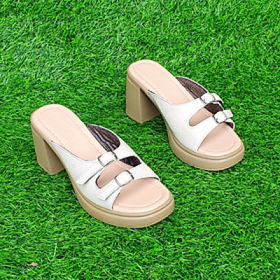 Dép nữ cao gót 8cm Trường Hải da bò mềm mại màu kem CG145