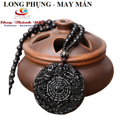 Dây chuyền nam nữ Unisex phong thủy LONG PHỤNG SUM VẦY bát quái may mắn bình an, dây chuỗi, mặt đá huyền đen