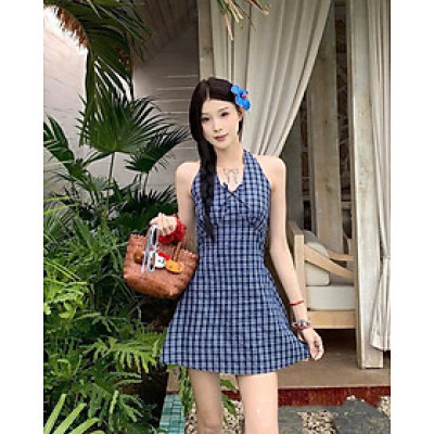 Váy kẻ xanh cổ yếm basic