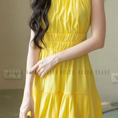 Đầm vàng nhún eo NGADO , đầm dài , đầm sát nách , đầm kiểu Nữ