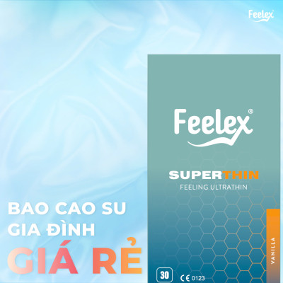 Bao cao su gia đình Feelex Superthin mỏng nhiều gel hương dâu - Hộp 30bcs