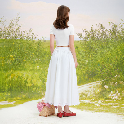 DOTTIE - Chân váy dài rút nhún phối đăng ten - Trắng - S0202