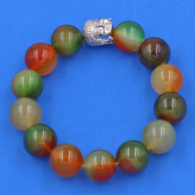 Vòng đeo tay Thạch Anh Xanh Nâu 14 ly cẩn hạt Phật A Di Đà inox bạc VTAXNNLT14