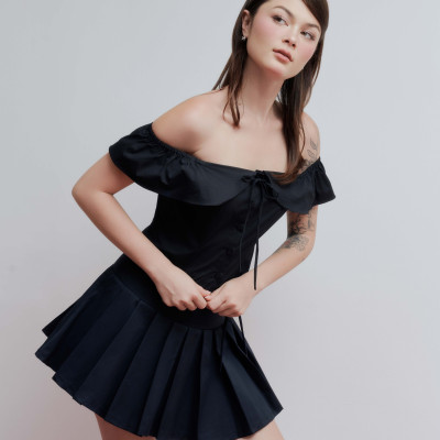 DOTTIE - Chân váy ngắn phối vải xếp ly - Đen - S0265