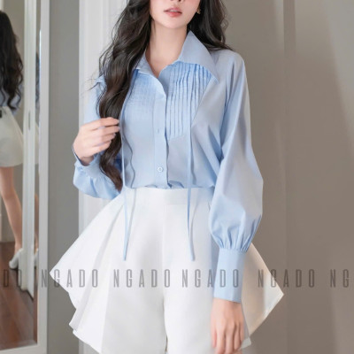Áo sơ mi xanh nhạt NGADO , áo kiểu nữ , áo sơ mi
