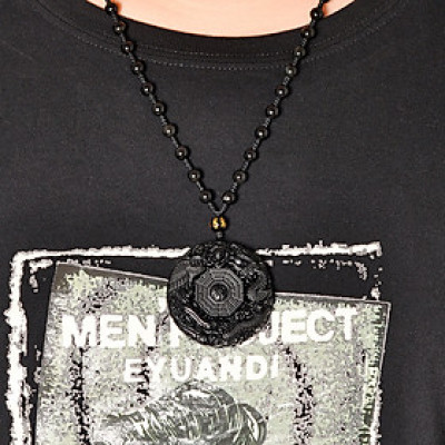 Dây chuyền nam nữ Unisex phong thủy LONG PHỤNG SUM VẦY bát quái may mắn bình an, dây chuỗi, mặt đá huyền đen