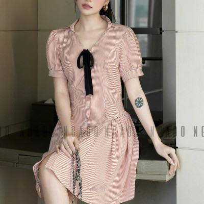 Đầm sọc cam đính nơ NGADO , đầm kiểu Nữ , đầm kẻ sọc