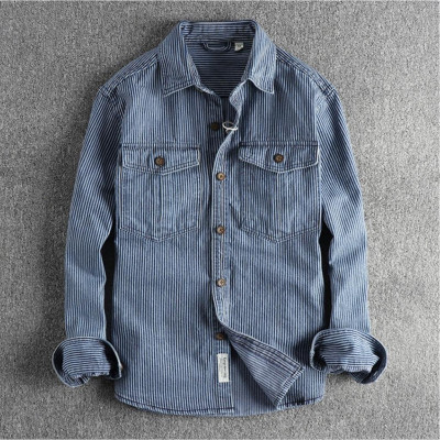 Áo sơ mi denim sọc phong cách Retro_Biker_Army