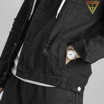 Áo khoác jean nam đen có nón nỉ in Skul Dust, áo khoác bò cá tính, trẻ trung